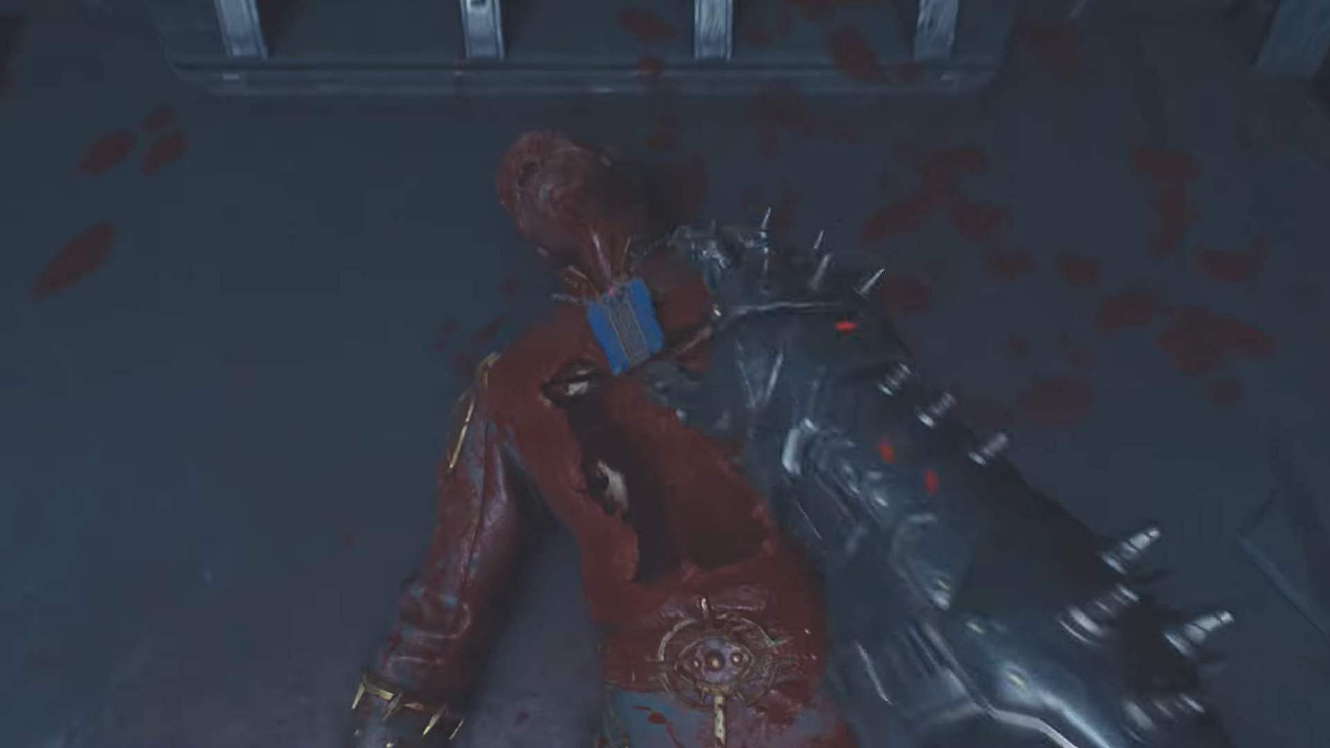 Picking up the Blue Keycard from a demon's corpse (Image via Sportskeeda Gaming/Bethesda Softworks)